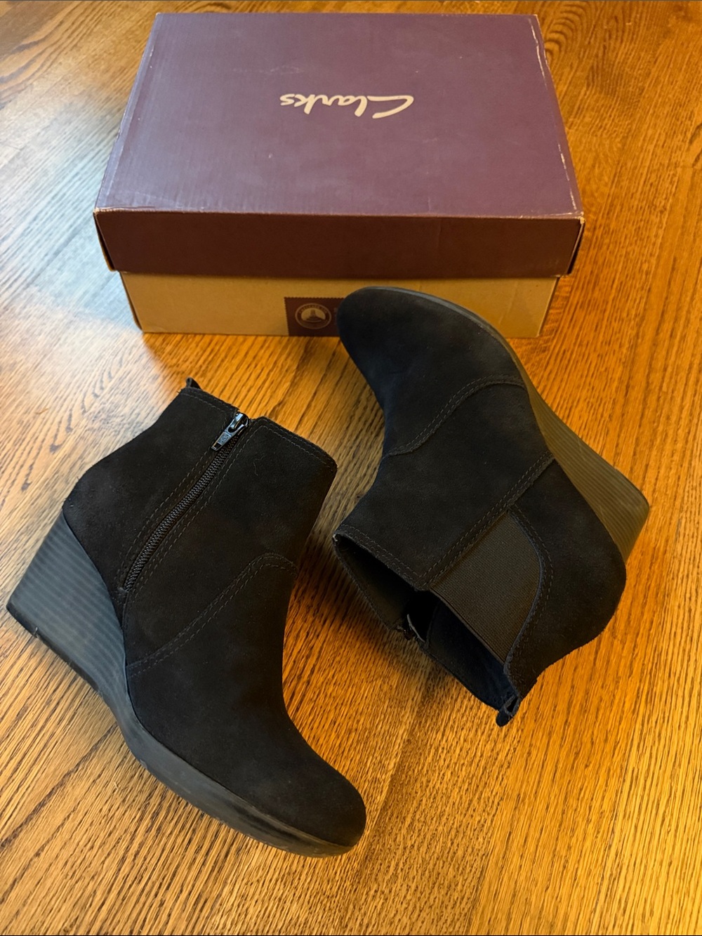 Clarks Crystal Quartz Black Suede Wedge Ankle Booties